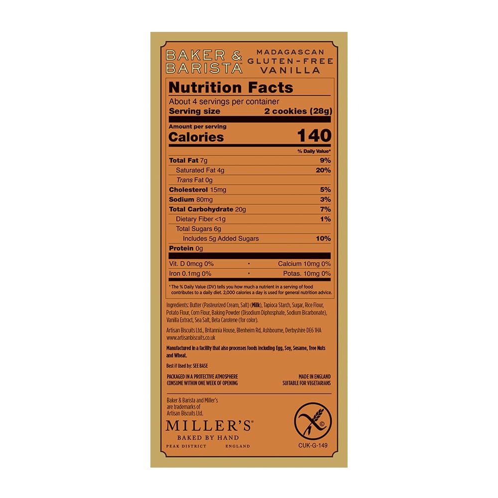 Miller's Artisan Biscuits Baker & Barista Gluten-Free Madagascan Vanilla Shortbread Cookies | 3.9 oz